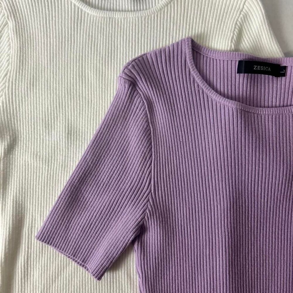 Lot of 2 ZESICA women’s ribbed knit short sleeve tops, both size Large.